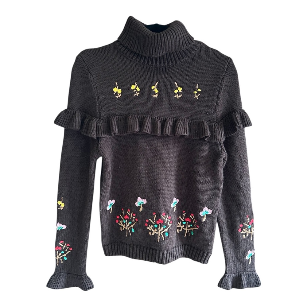 ANTHROPOLOGIE ALLISON Embroidered Turtleneck Sweater Brown‎ S